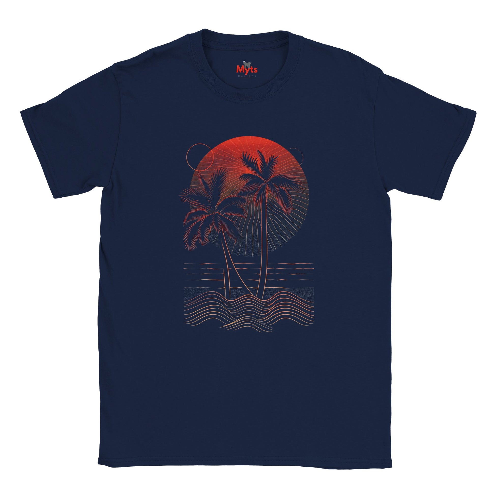 Navy blue t-shirt with red palm tree and sunset design on a white background
