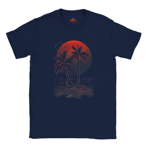 Navy blue t-shirt with red palm tree and sunset design on a white background