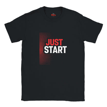Black t-shirt with 'JUST START' text design on a white background