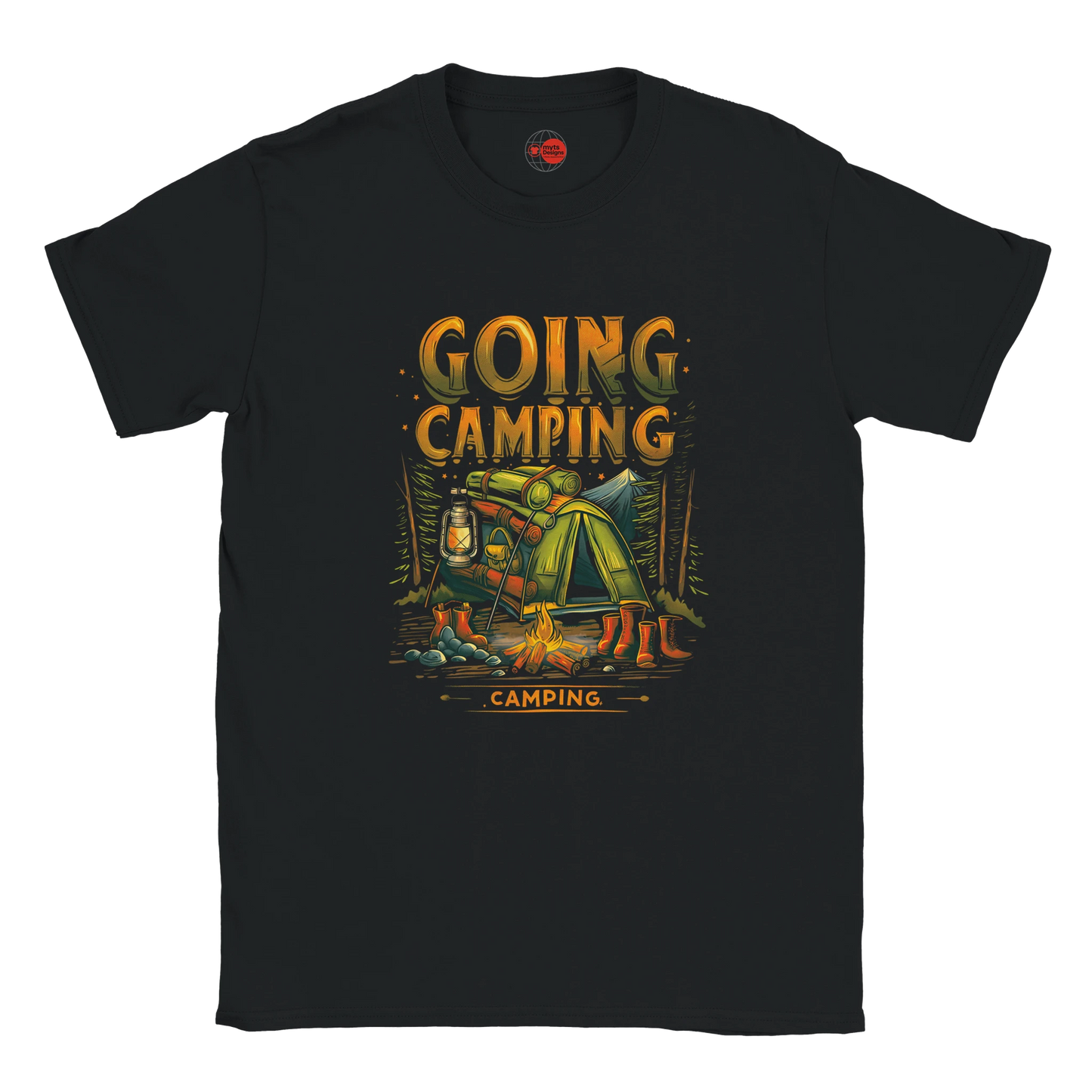 Black t-shirt with 'Going Camping' graphic design on a white background