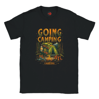 Black t-shirt with 'Going Camping' graphic design on a white background