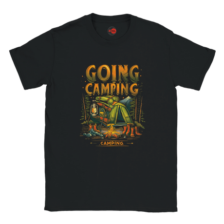 Black t-shirt with 'Going Camping' graphic design on a white background