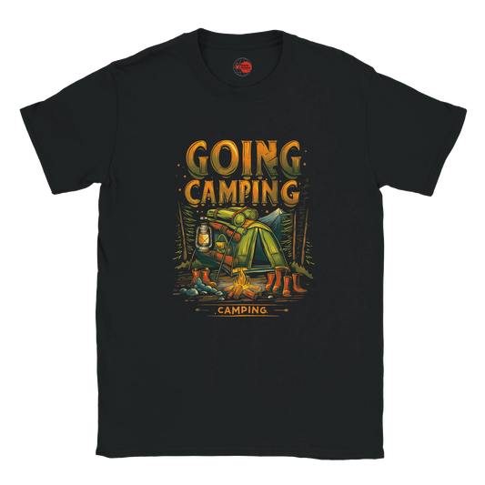 Black t-shirt with 'Going Camping' graphic design on a white background