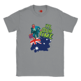 Gray t-shirt with a graphic of a person on an Australian flag and 'It's Our Time' text.