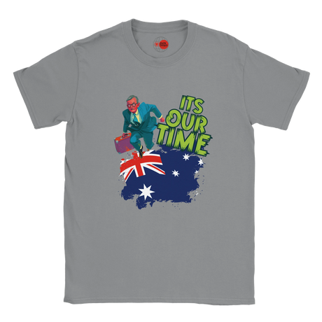 Gray t-shirt with a graphic of a person on an Australian flag and 'It's Our Time' text.