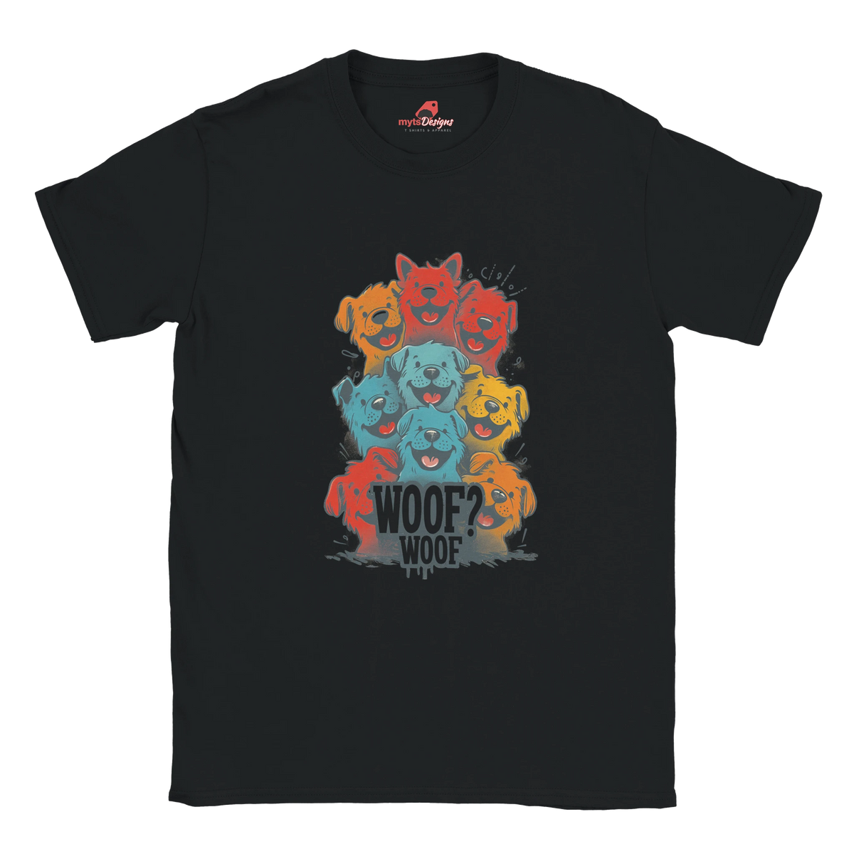 A flat lay black T-shirt featuring a vibrant graphic of cartoon puppies stacked in red, orange, blue, and yellow hues, with the playful text “WOOF? WOOF” below the design.