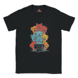 A flat lay black T-shirt featuring a vibrant graphic of cartoon puppies stacked in red, orange, blue, and yellow hues, with the playful text “WOOF? WOOF” below the design.