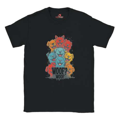 A flat lay black T-shirt featuring a vibrant graphic of cartoon puppies stacked in red, orange, blue, and yellow hues, with the playful text “WOOF? WOOF” below the design.