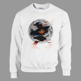 White sweatshirt with a witch graphic on a white background