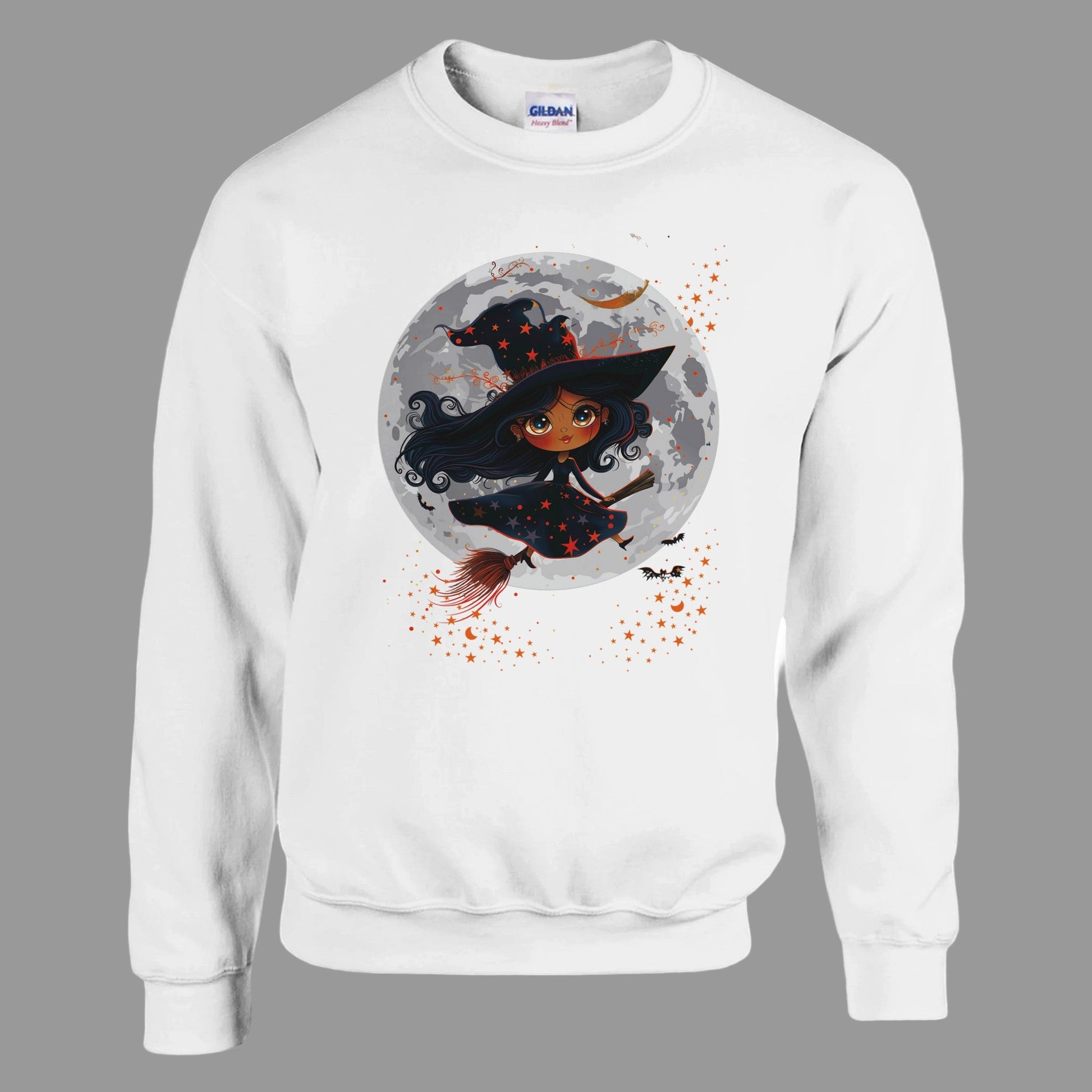 White sweatshirt with a witch graphic on a white background
