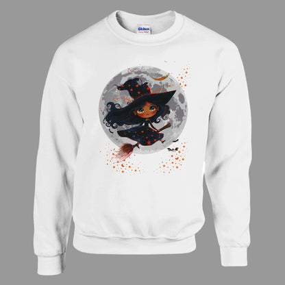 White sweatshirt with a witch graphic on a white background