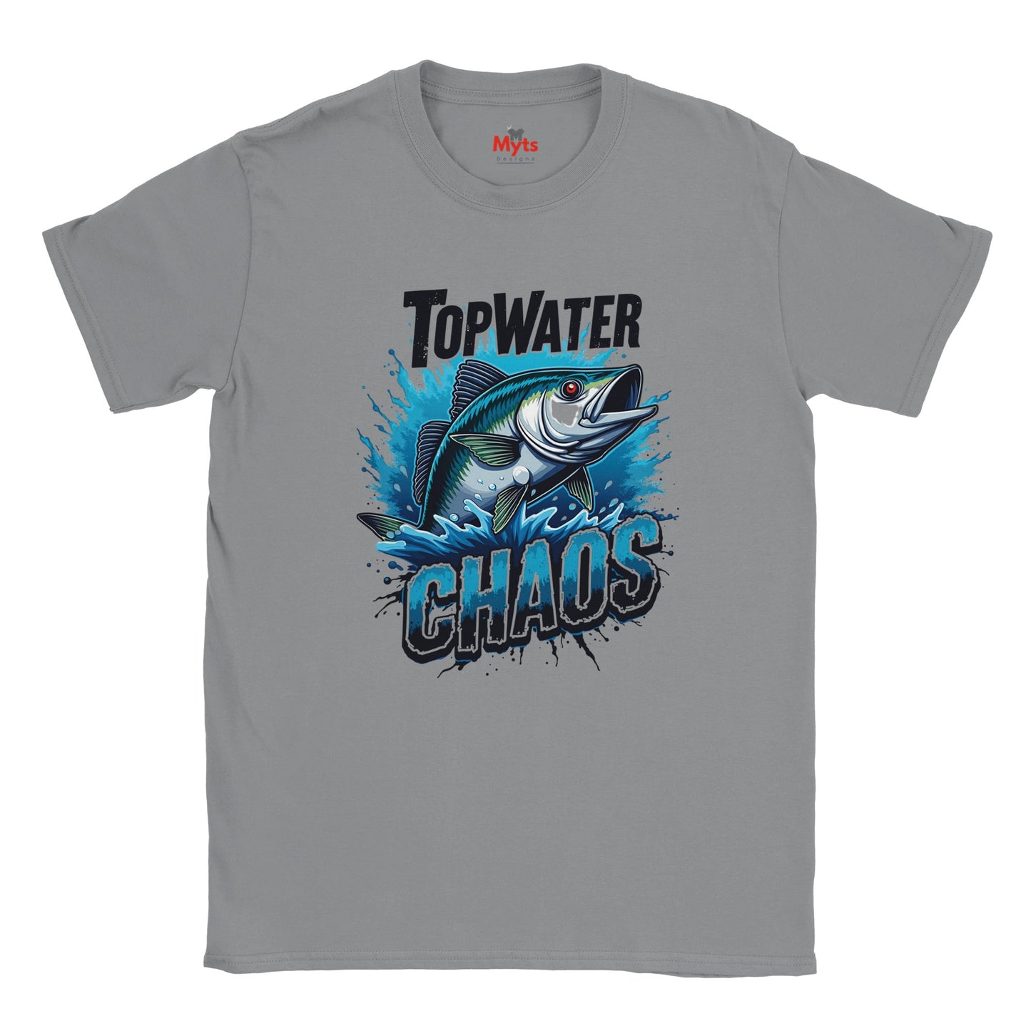 Gray t-shirt with a fish graphic and text on a white background