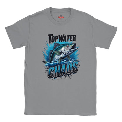 Gray t-shirt with a fish graphic and text on a white background