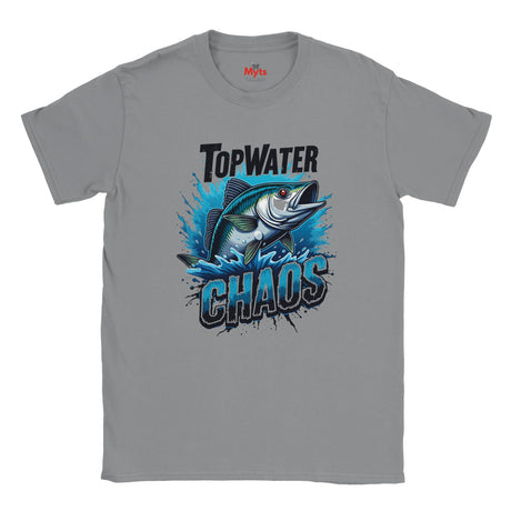 Gray t-shirt with a fish graphic and text on a white background