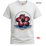 White tropical hibiscus flower graphic T-shirt featuring a vibrant red bloom, navy circular outline and stylised blue and sandy-gold ocean waves.
