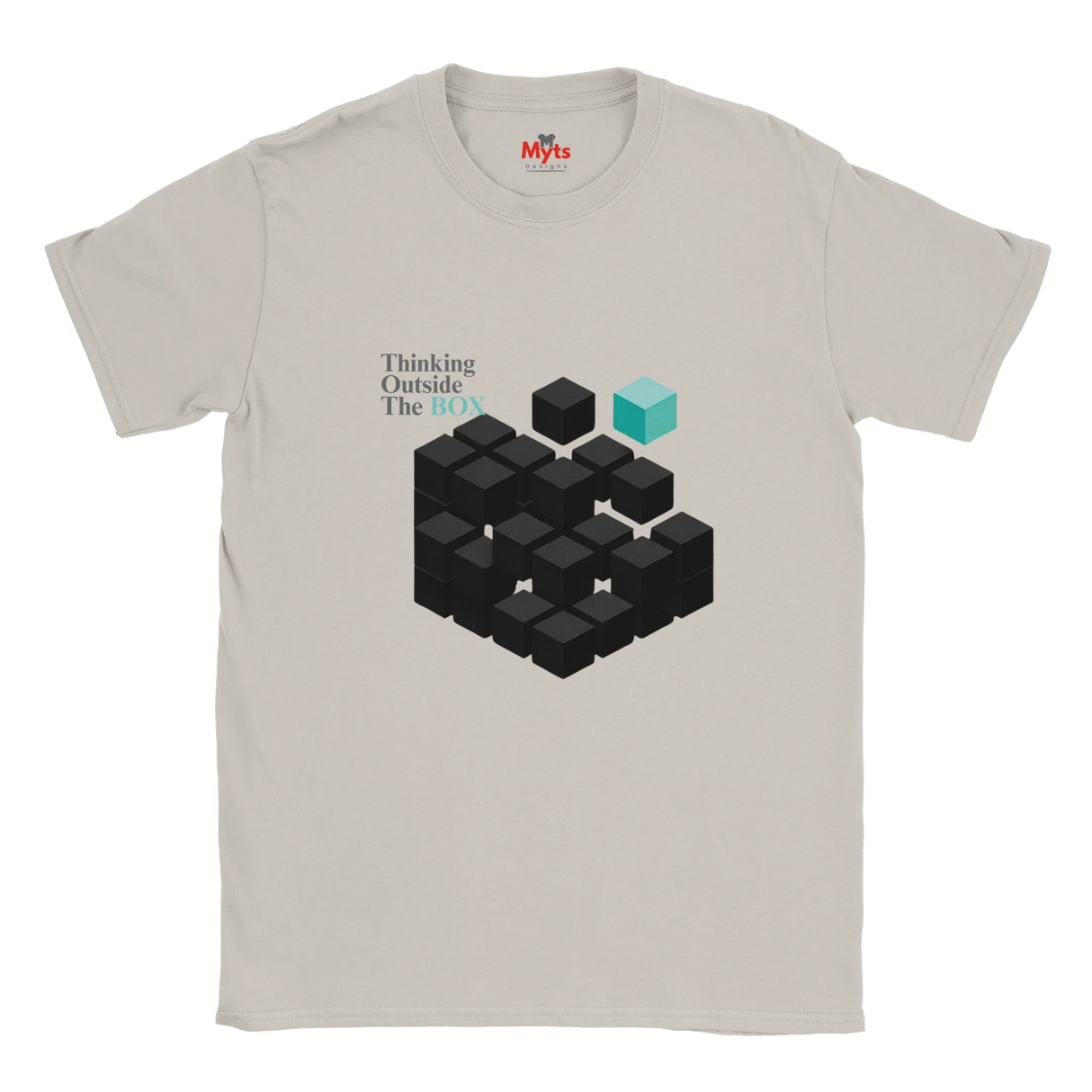 Beige t-shirt with black and blue geometric design and text on a white background
