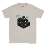 Beige t-shirt with black and blue geometric design and text on a white background