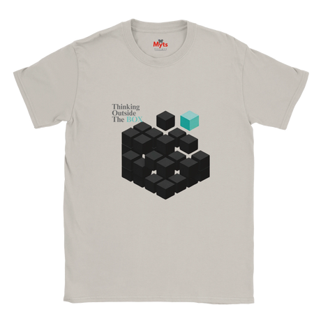 Beige t-shirt with black and blue geometric design and text on a white background