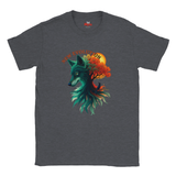 A dark heather gray crewneck t-shirt featuring a colorful graphic of a wolf's head merging with autumn trees and a sun, with the text 'NEW EVOLUTION' arched above.