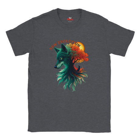 A dark heather gray crewneck t-shirt featuring a colorful graphic of a wolf's head merging with autumn trees and a sun, with the text 'NEW EVOLUTION' arched above.