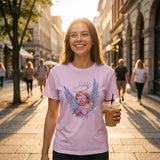 Smiling woman wearing pastel pink angel cherub graphic t-shirt with sparkly wings, heart-shaped sunglasses, glowing halo and pink heart design, holding iced coffee on sunny city street
