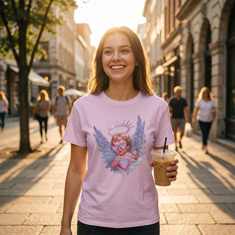 Smiling woman wearing pastel pink angel cherub graphic t-shirt with sparkly wings, heart-shaped sunglasses, glowing halo and pink heart design, holding iced coffee on sunny city street
