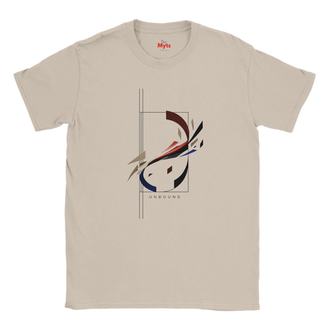 A Natural crewneck t-shirt with a minimalist abstract graphic on the chest featuring red, blue, and black shapes, and the word 'UNBOUND' printed below. The brand name 'Myts' is visible on the inner neck label.