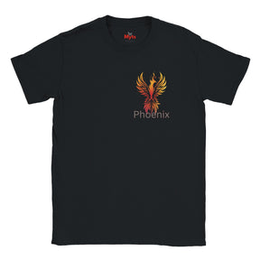 Black t-shirt with a colorful phoenix design and 'Myts' branding on a white background
