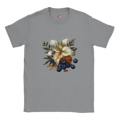 Gray t-shirt with a floral and berry design on a white background