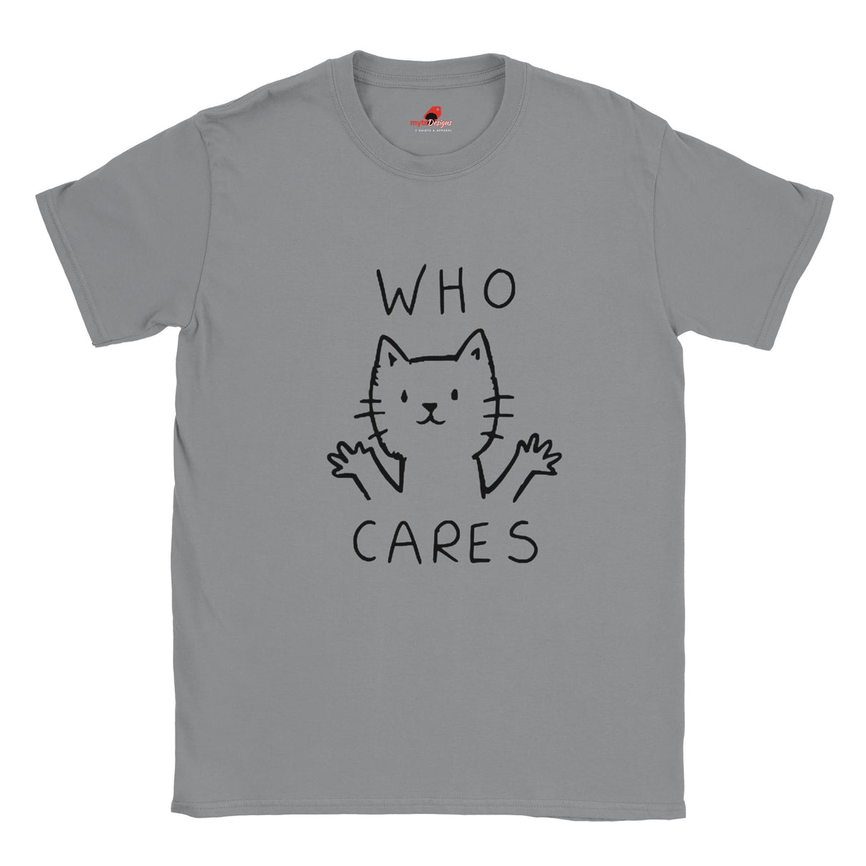 Sports Grey T-shirt featuring minimalist line-art cat and “Who Cares?” text – funny sarcastic tee for cat lovers