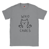 Sports Grey T-shirt featuring minimalist line-art cat and “Who Cares?” text – funny sarcastic tee for cat lovers