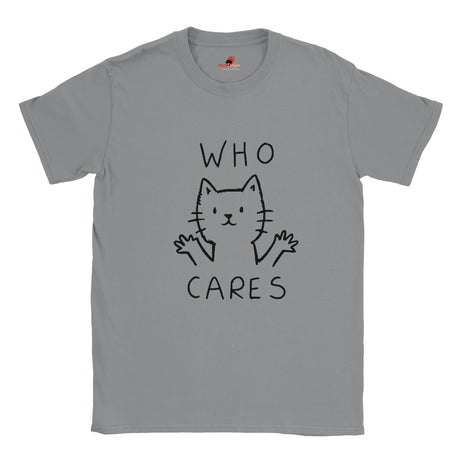 Sports Grey T-shirt featuring minimalist line-art cat and “Who Cares?” text – funny sarcastic tee for cat lovers