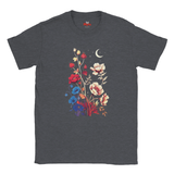 A dark heather gray t-shirt with a colorful graphic print of red, blue, and cream flowers under a crescent moon, shown on a plain white background.
