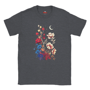 A dark heather gray t-shirt with a colorful graphic print of red, blue, and cream flowers under a crescent moon, shown on a plain white background.