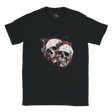 Black t-shirt with a graphic of two skulls on a white background
