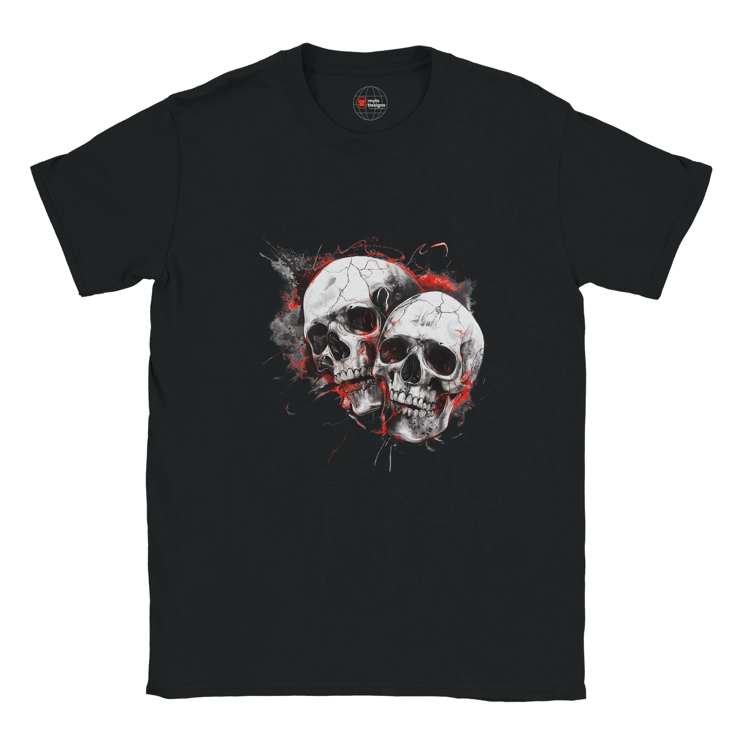 Black t-shirt with a graphic of two skulls on a white background