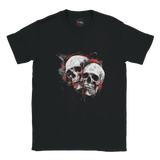 Black t-shirt with a graphic of two skulls on a white background