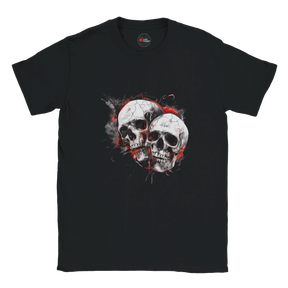 Black t-shirt with a graphic of two skulls on a white background
