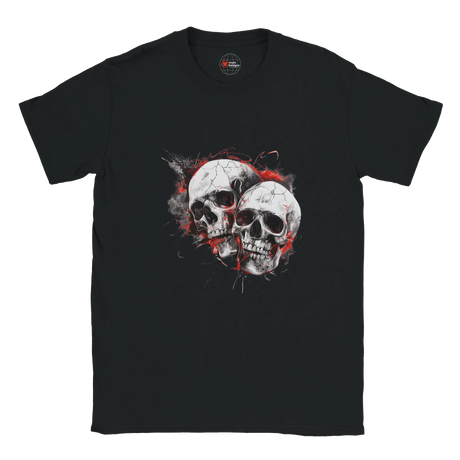 Black t-shirt with a graphic of two skulls on a white background