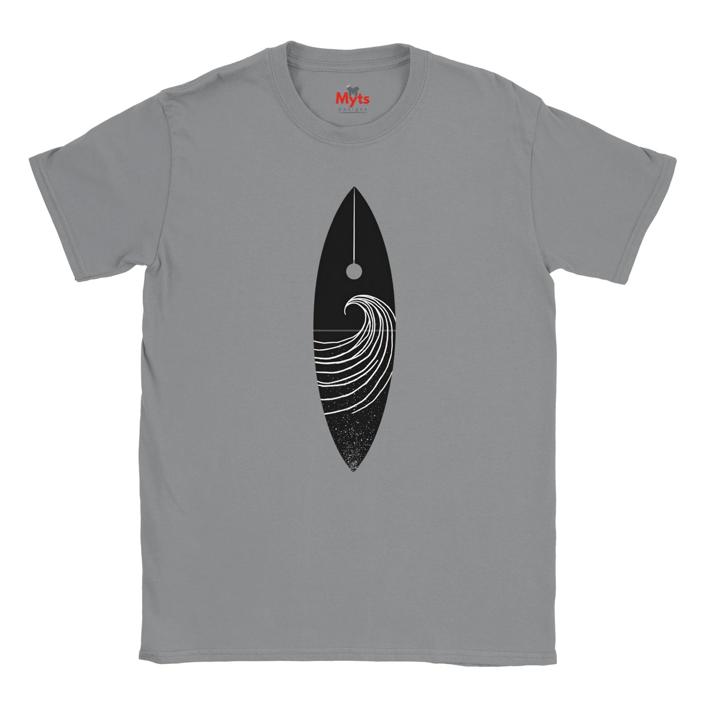 Gray t-shirt with a black and white graphic design on a white background