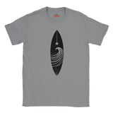Gray t-shirt with a black and white graphic design on a white background