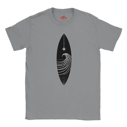 Gray t-shirt with a black and white graphic design on a white background