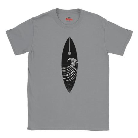 Gray t-shirt with a black and white graphic design on a white background