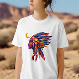 A young woman wearing a white American Indian Moon T-shirt featuring colorful tribal moon vector art on cotton tee