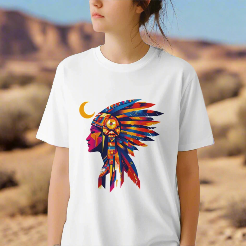 A young woman wearing a white American Indian Moon T-shirt featuring colorful tribal moon vector art on cotton tee