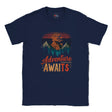 Navy blue t-shirt with 'Adventure Awaits' graphic on a white background