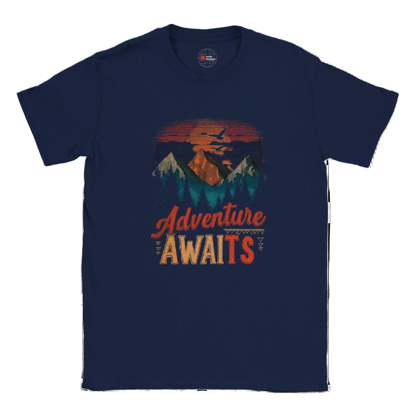 Navy blue t-shirt with 'Adventure Awaits' graphic on a white background