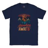 Navy blue t-shirt with 'Adventure Awaits' graphic on a white background