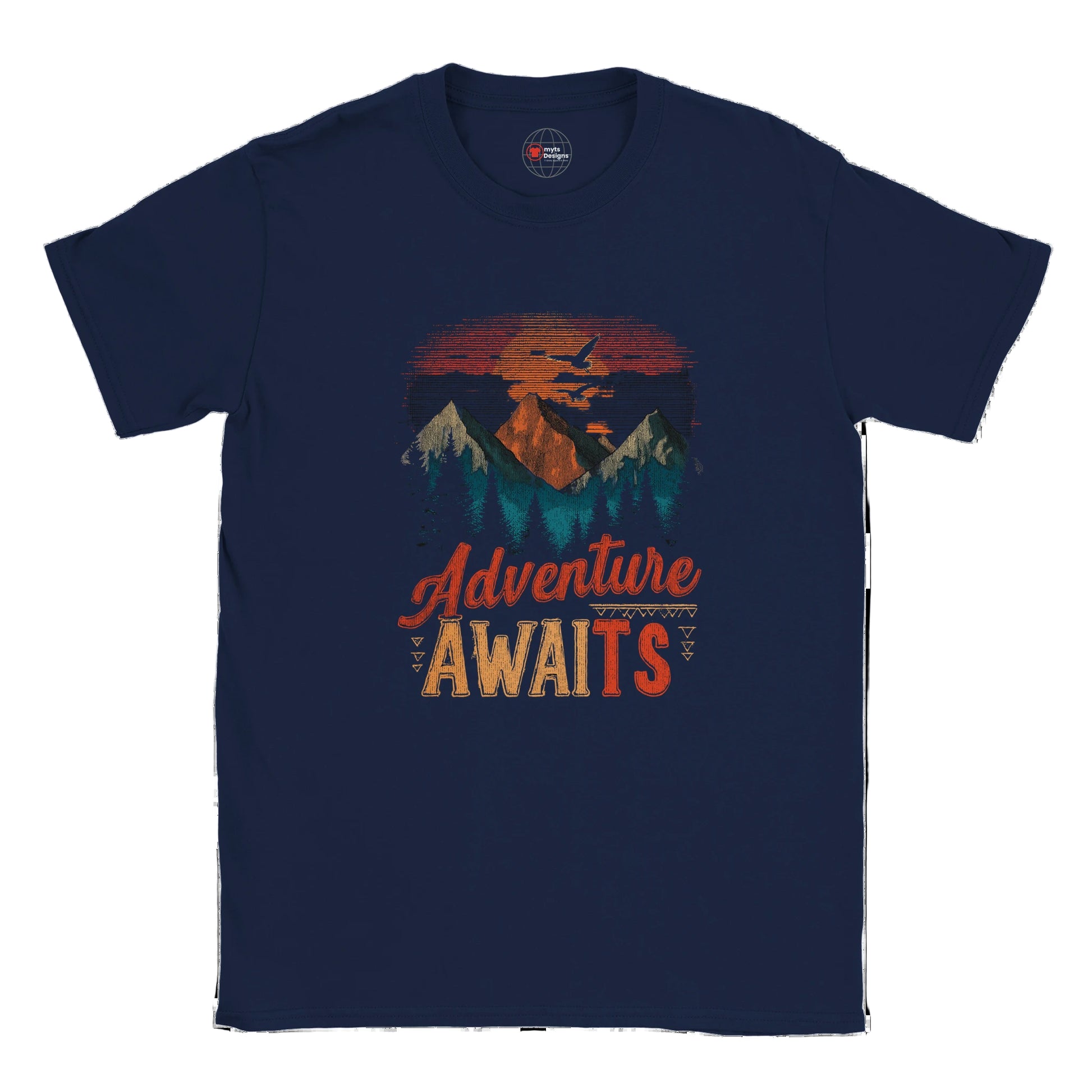 Navy blue t-shirt with 'Adventure Awaits' graphic on a white background