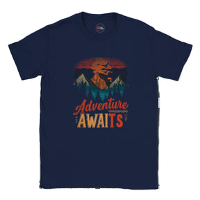 Navy blue t-shirt with 'Adventure Awaits' graphic on a white background